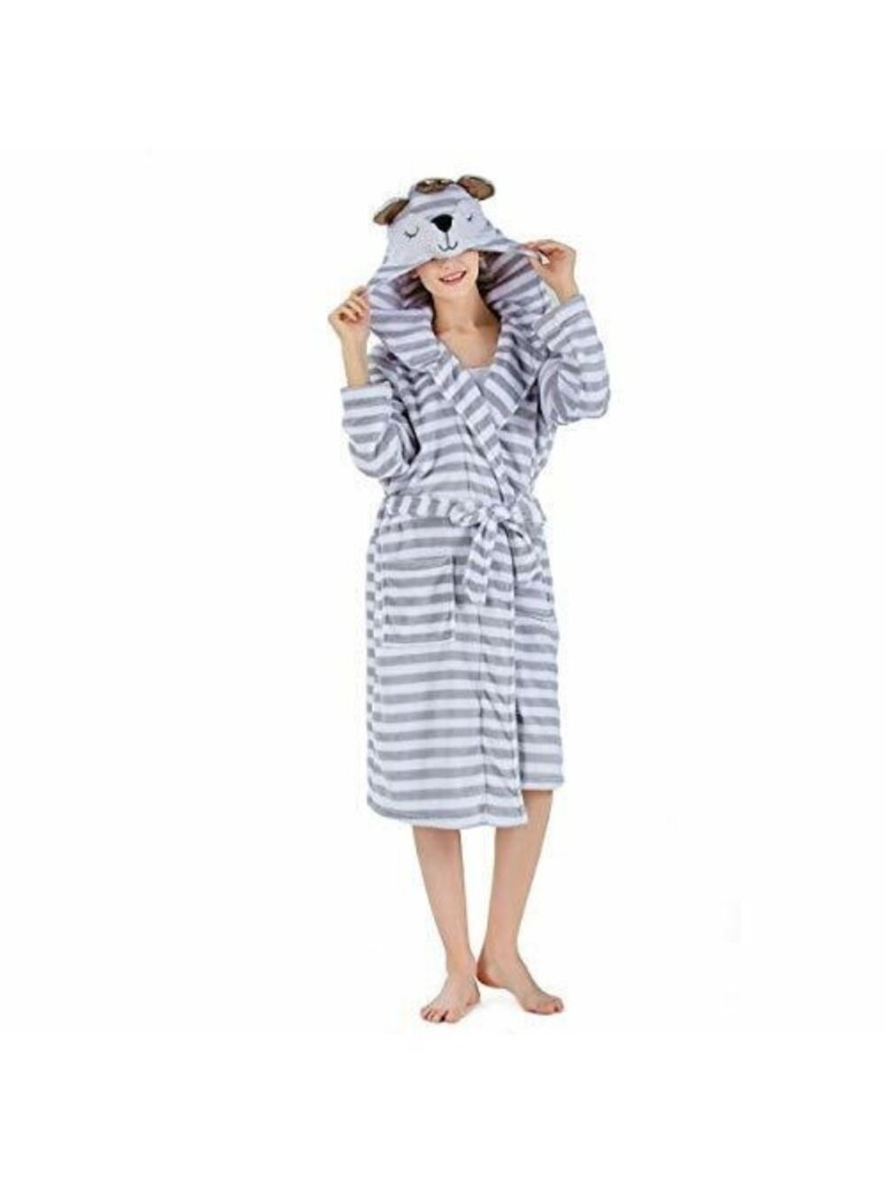 Bathrobe Womens Ultra Soft Flannel Robe Bear Novelty Hooded Gray White Large